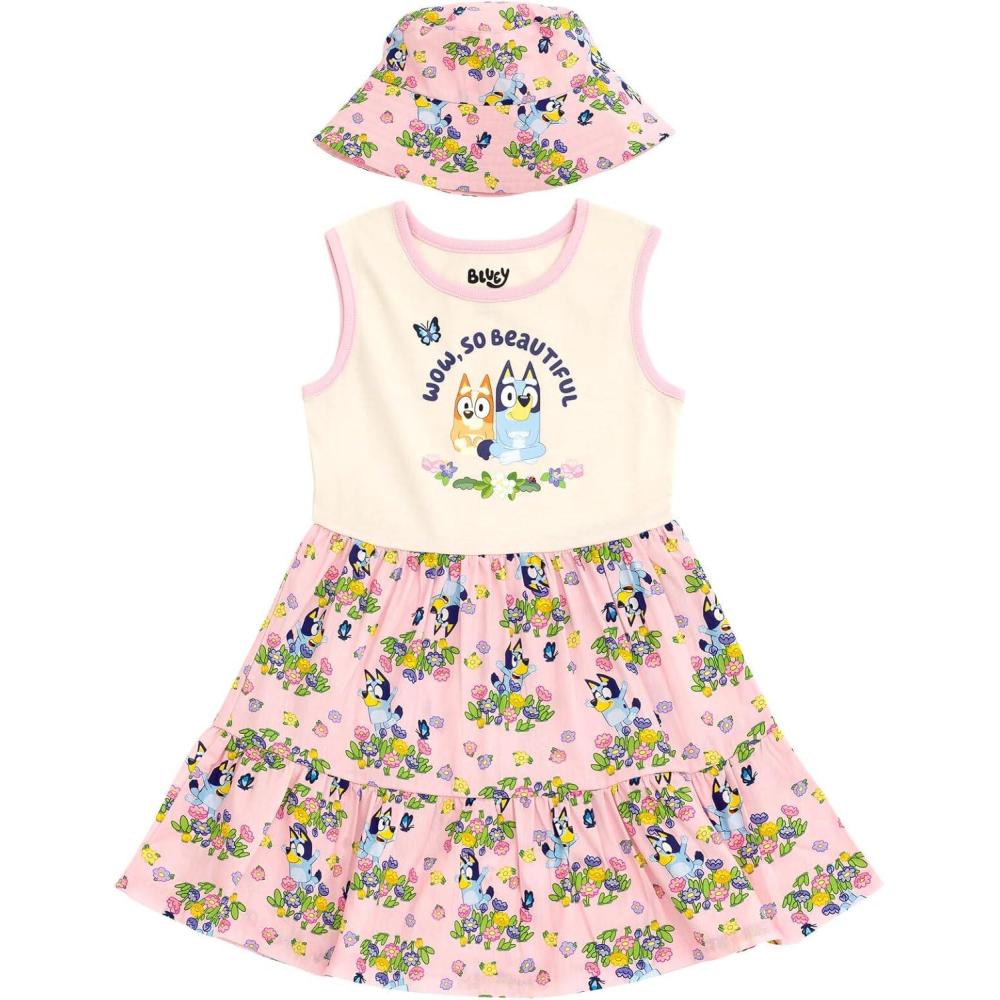 imageBluey Floral Girls Dress and Bucket Sun Hat Toddler to Big KidPink