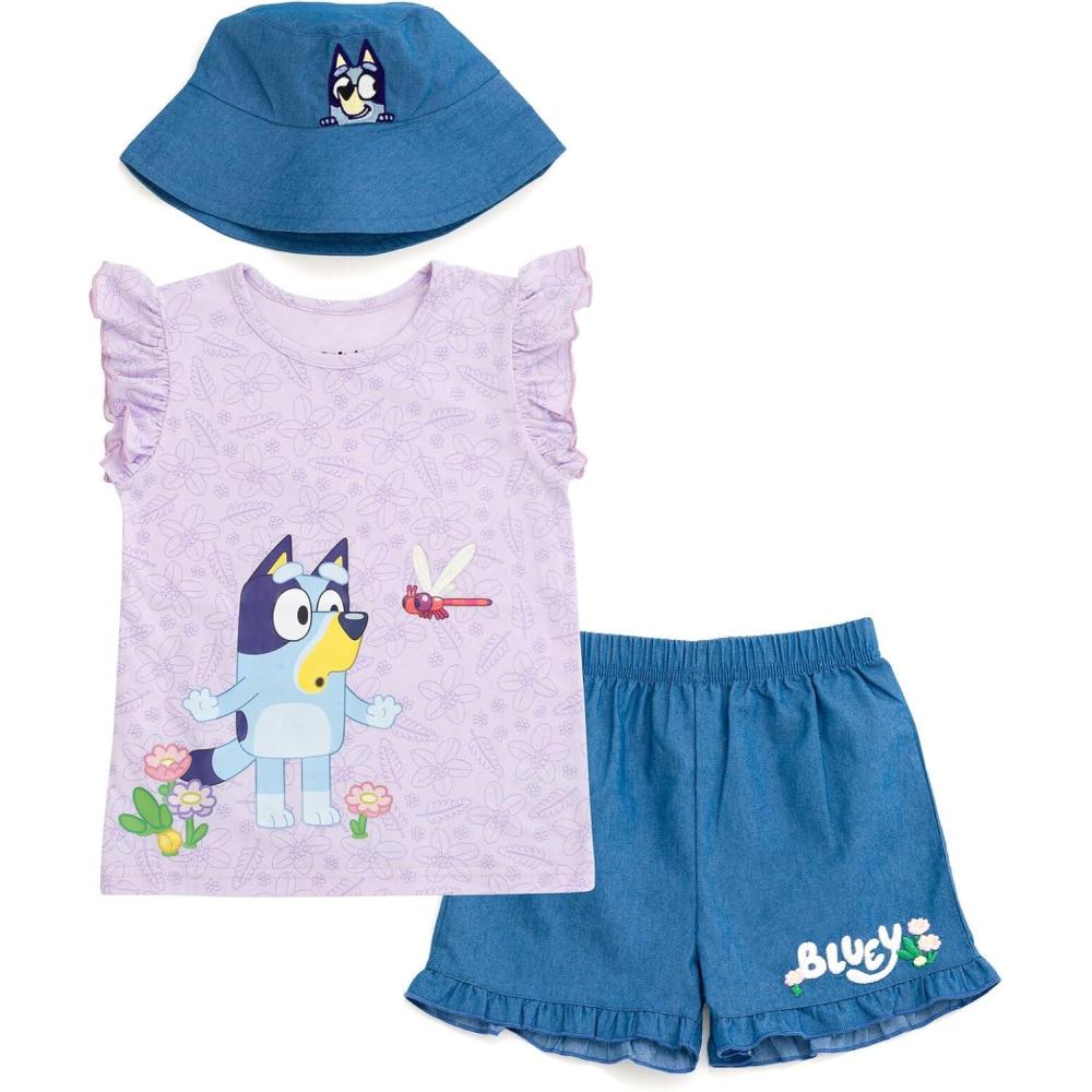 imageBluey Floral Girls Tank Top Chambray Shorts and Bucket Sun Hat 3 Piece Outfit Set Toddler to Big KidPurple Blue