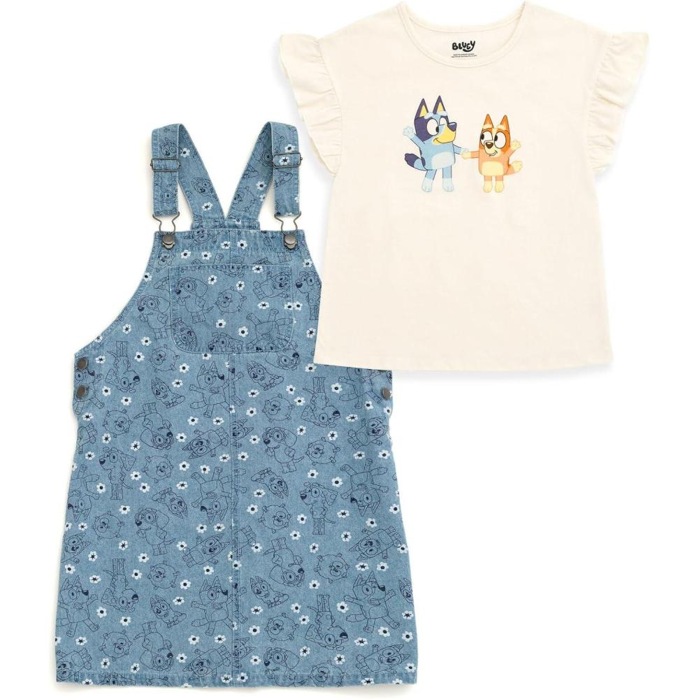 imageBluey Floral Girls Vintage Wash Denim Overall Dress and TShirt Outfit Set Toddler to Big KidBlue  White