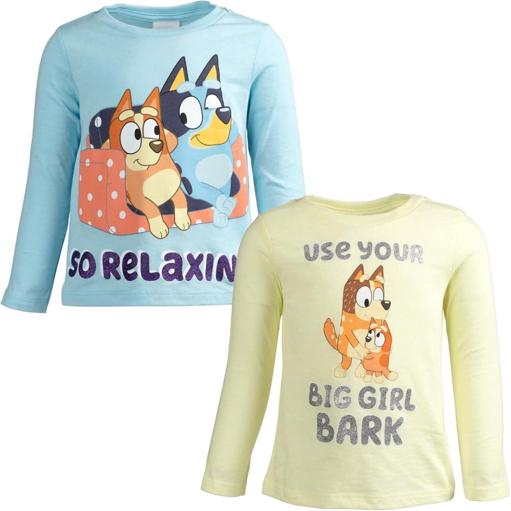 imageBluey Girls 2 Pack Long Sleeve TShirts Toddler to Big Kid Sizes 2T 1416Blue Yellow