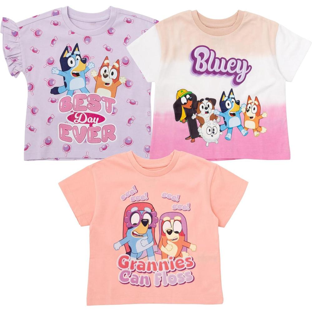 imageBluey Girls 3 Pack TShirts Toddler to Big Kid Sizes 2T 1012Lavender Pink Peach
