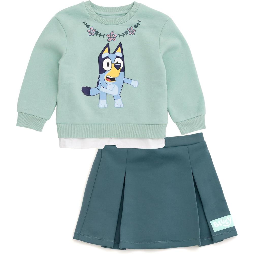 imageBluey Girls Fleece Drop Shoulder Pullover Sweatshirt amp Scuba Pleated Skort Outfit Set Toddler to Big Kid Sizes 2T 1012Green