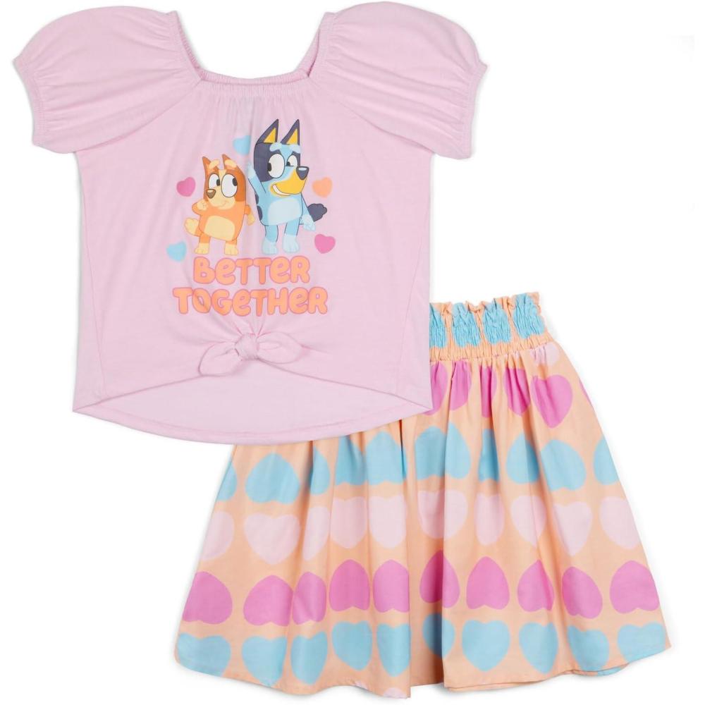 imageBluey Girls Square Neck TShirt and Smocked Skirt Toddler to Big Kid Sizes 2T 1012Pink Orange Hearts