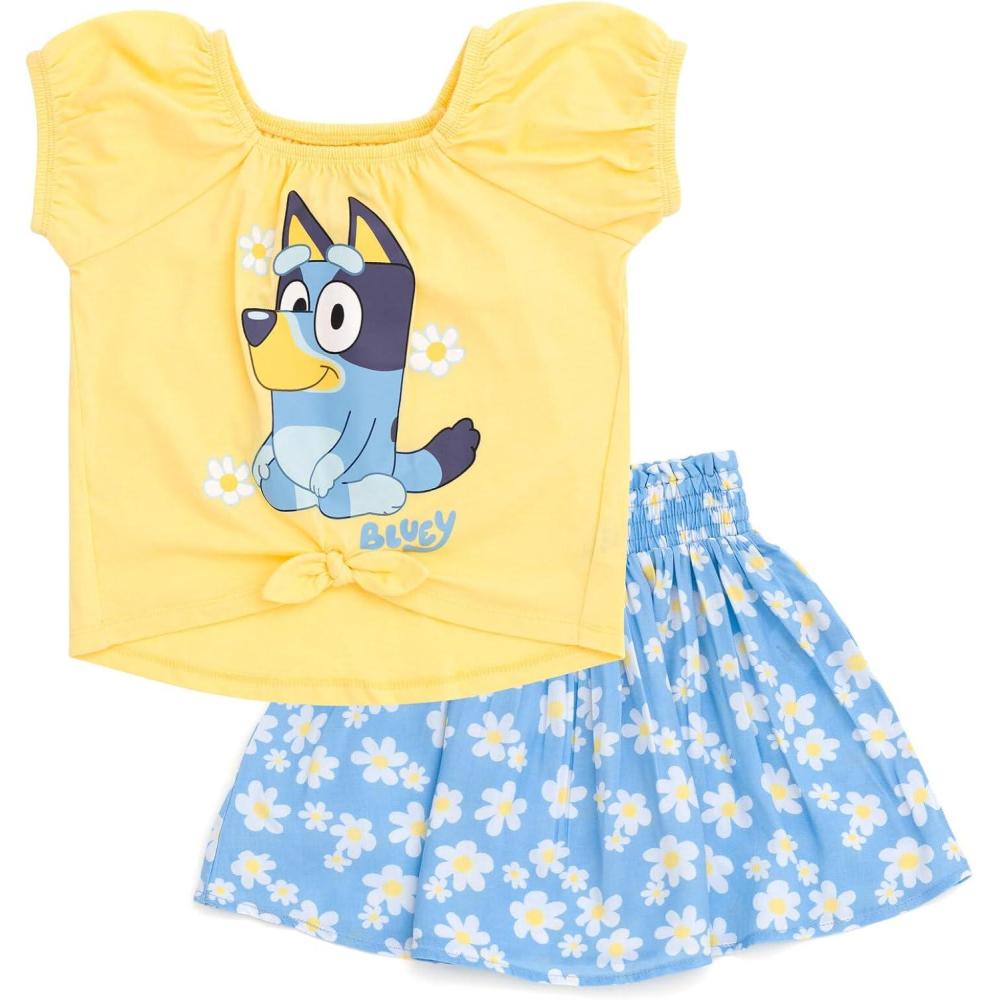 imageBluey Girls Square Neck TShirt and Smocked Skirt Toddler to Big Kid Sizes 2T 1012Yellow Blue Daisies
