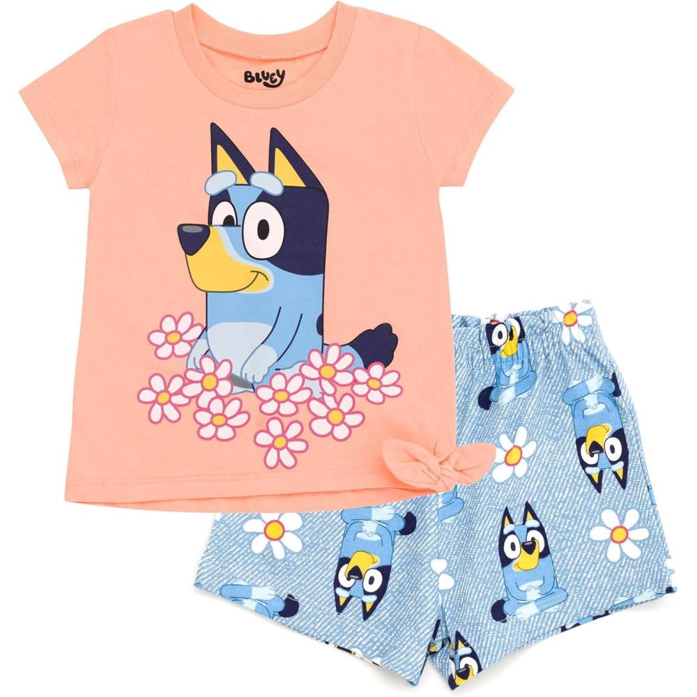 imageBluey Girls TShirt and French Terry Shorts Outfit Set Toddler to Big Kid Sizes 2T  1012Pink  Blue