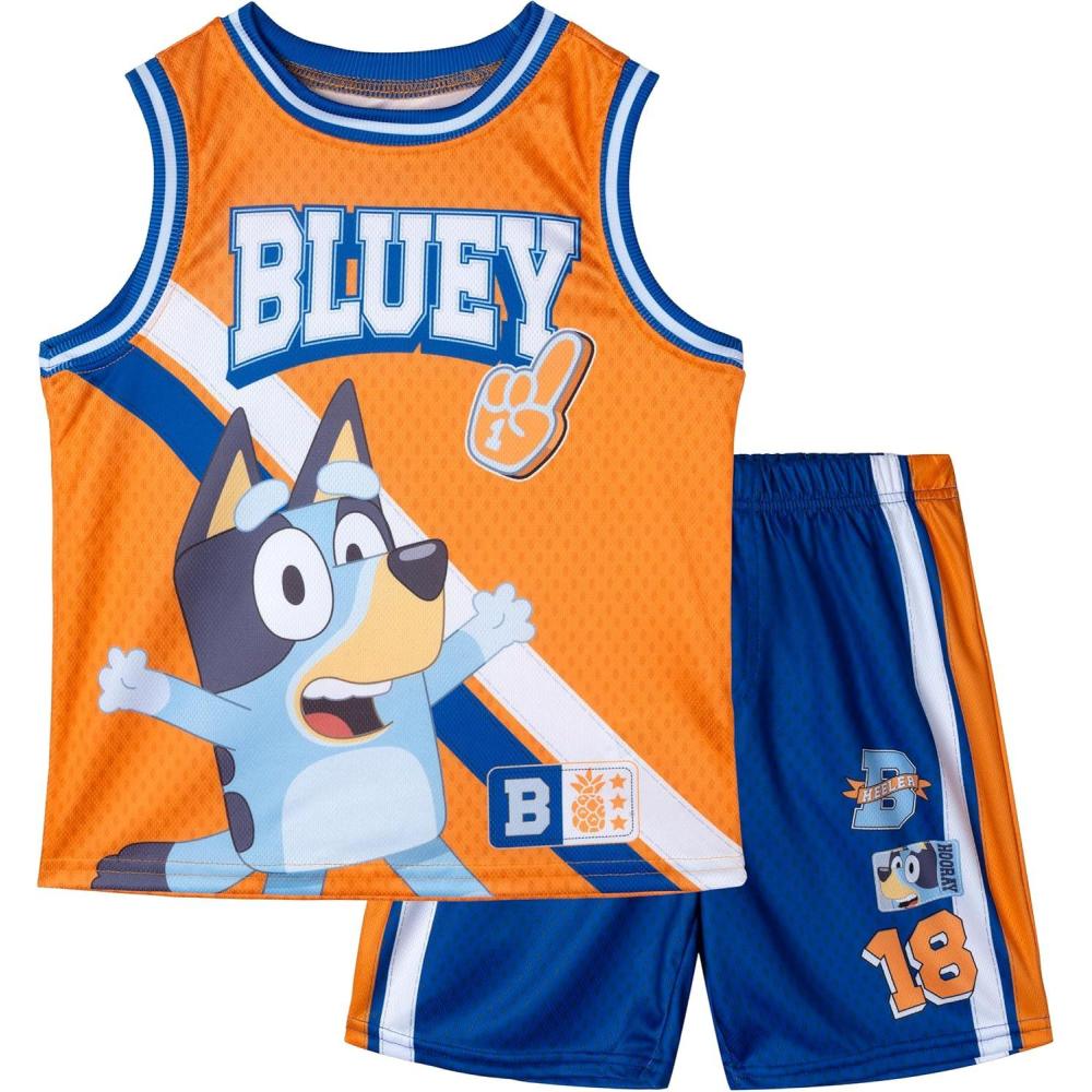 imageBluey Mesh Jersey Athletic Tank Top and Basketball Shorts Outfit Set Toddler to Little Kid Sizes 2T 78Orange Blue