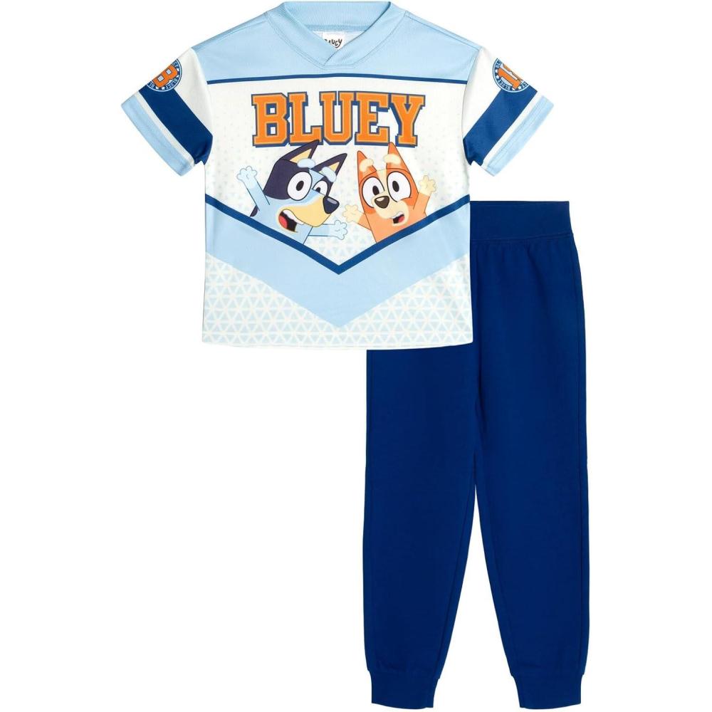 imageBluey Mesh Vneck TShirt and French Terry Jogger Pants Outfit Set Toddler to Little Kid Sizes 2T 78Blue