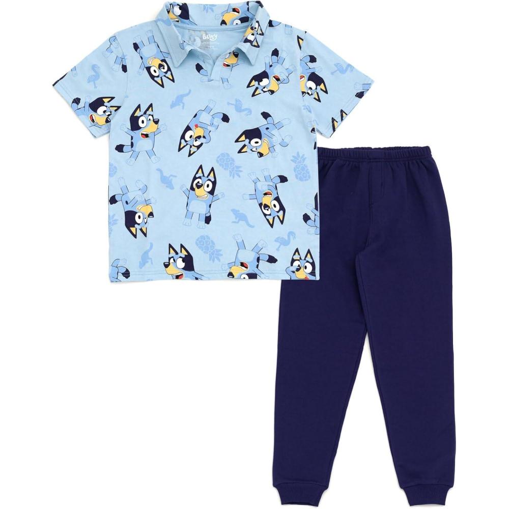 imageBluey Polo Shirt and Fleece Jogger Pants Outfit Set Toddler to Big Kid Sizes 2T 1012Pale Blue Indigo