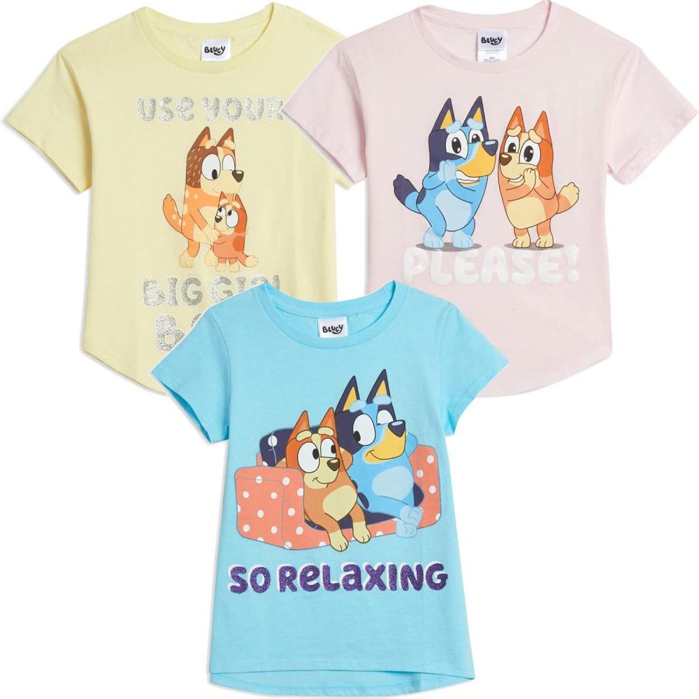 imageBluey Shirts 3 Pack Girls Short Sleeve Shirt for Summer Pack of 3 Girls Tops Cotton Kids TshirtBlue Pink Yellow