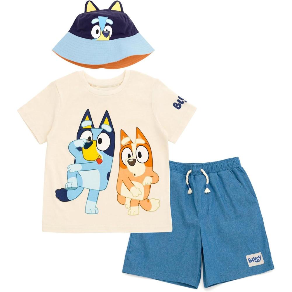 imageBluey TShirt Chambray Shorts and Twill Bucket Sun Hat 3 Piece Outfit Set Toddler to Big KidBlue  Orange