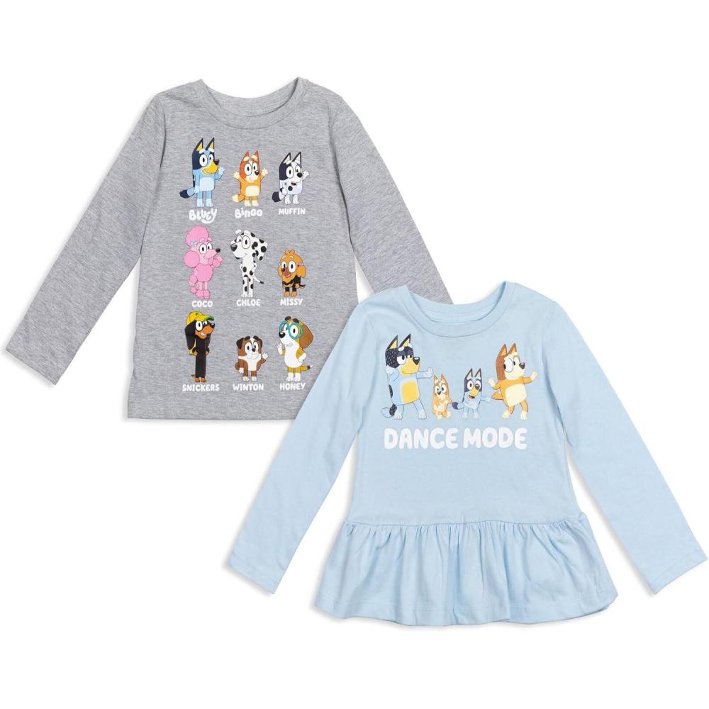 imageBluey Winton Snickers Honey Muffin Bandit Dad Chilli Mom Missy Chloe Coco Bingo Girls 2 Pack TShirts Toddler to Little KidBlue Grey