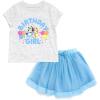 Bluey Floral Birthday T-Shirt and Mesh Tulle Skirt Outfit Set Infant to Big Kid Sizes (12 Months – 10-12)(Heather Gray / Sky Blue)