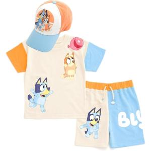 Bluey Drop Shoulder T-Shirt French Terry Shorts and Adjustable Snapback Baseball Cap 3 Piece Outfit Set Toddler to Big Kid(Bluey & Bingo)