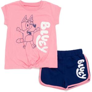 Bluey Girls T-Shirt and French Terry Dolphin Shorts Outfit Set Toddler to Big Kid Sizes (2T – 10-12)(Pink / Blue)