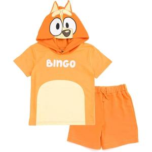 Bluey Hooded Cosplay T-Shirt and French Terry Shorts Outfit Set Toddler to Little Kid(Orange)