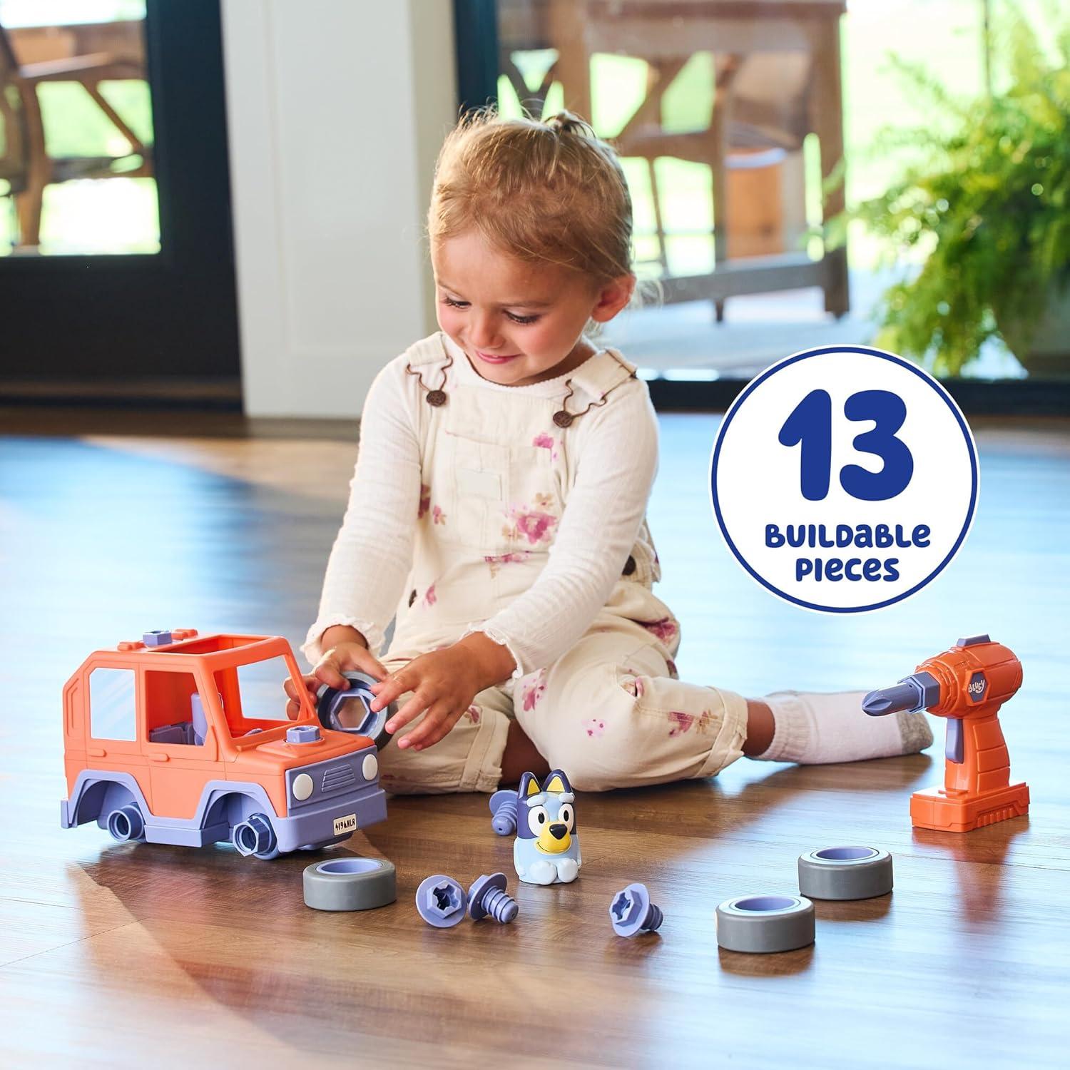imageBUILDABUDDY Bluey Car Buildable Motorized Vehicle for Take Apart Play Includes Bluey Figure and Toy Drill Kids Gifts and Easter Basket Stuffers Ages 3 Years and UpBluey Car
