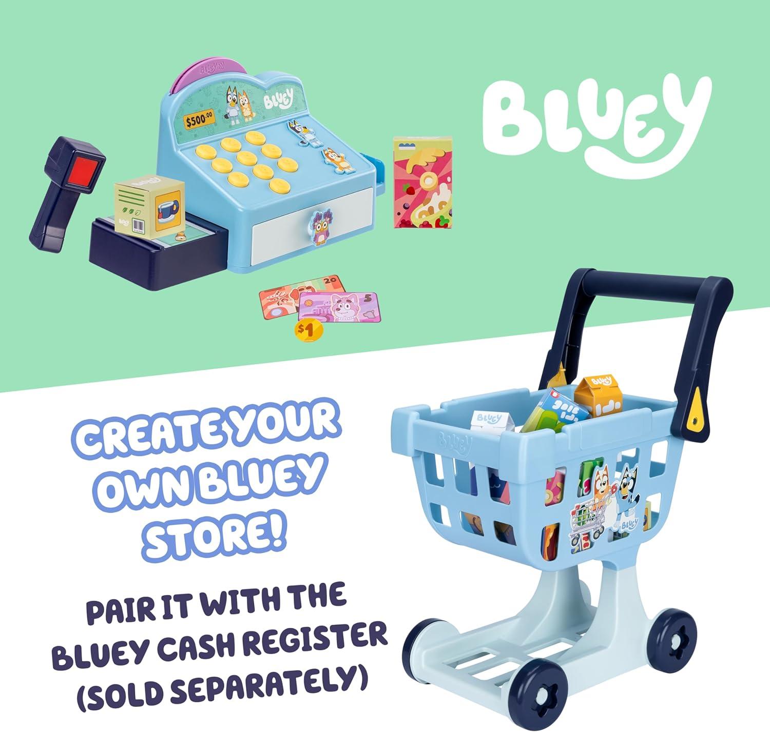imageBluey Cash Register Playset Interactive Play Register with Detachable Scanner Toy Credit Card and Dollar Bucks Shopping Toys for Kids Ages 3Shopping Cart