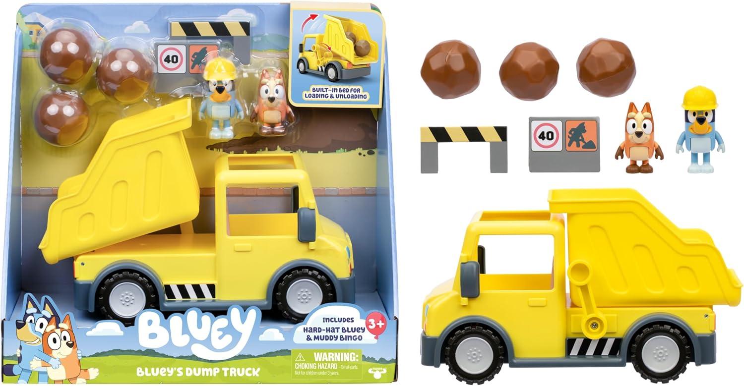 imageBluey Dump Truck Toy Playset Sturdy Working Toy Dump Truck with 2 Articulated Figures and 3 Huge Boulders Construction Toys for Kids of Ages 3Dump Truck