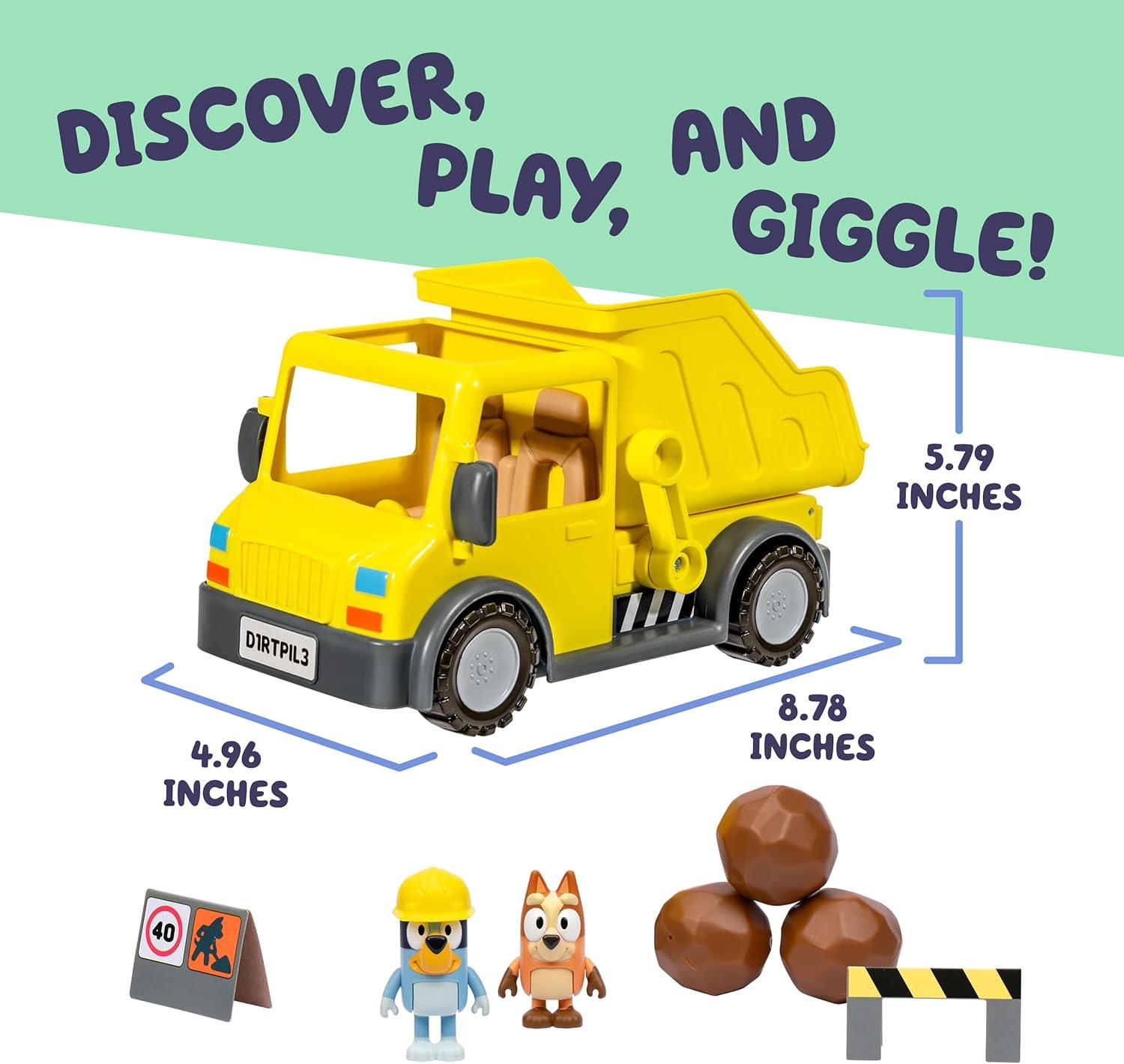imageBluey Dump Truck Toy Playset Sturdy Working Toy Dump Truck with 2 Articulated Figures and 3 Huge Boulders Construction Toys for Kids of Ages 3Dump Truck