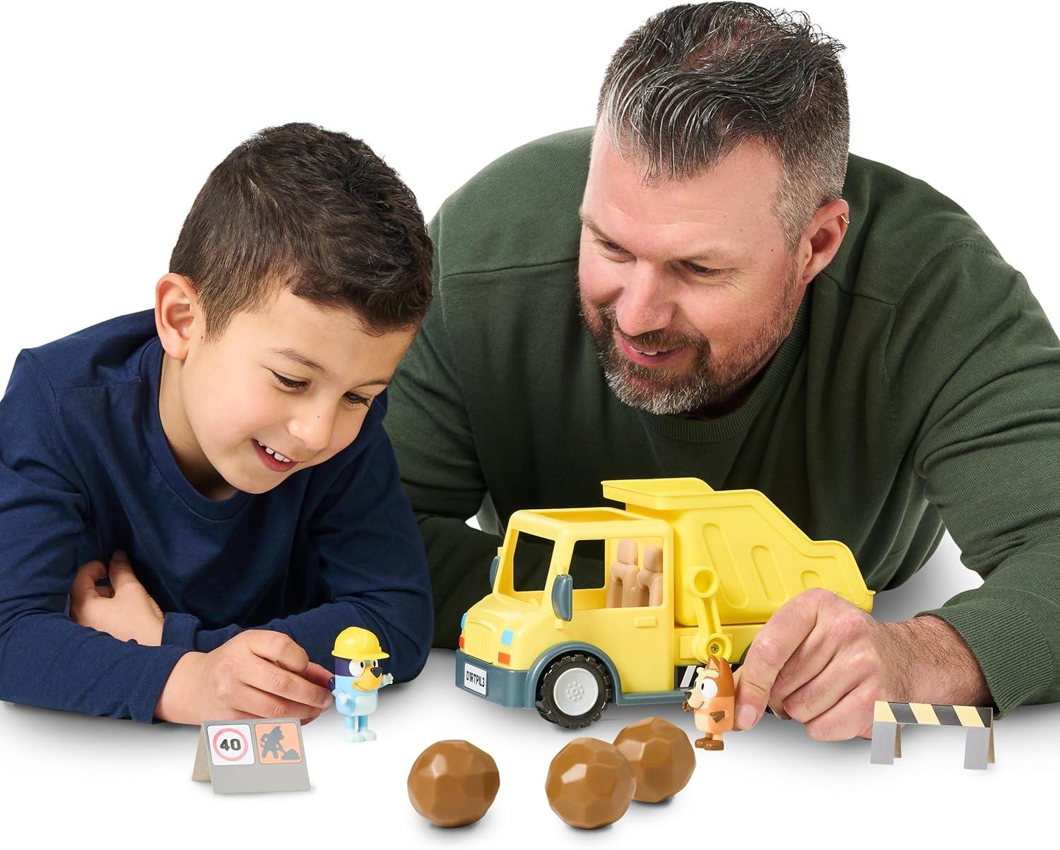 imageBluey Dump Truck Toy Playset Sturdy Working Toy Dump Truck with 2 Articulated Figures and 3 Huge Boulders Construction Toys for Kids of Ages 3Dump Truck