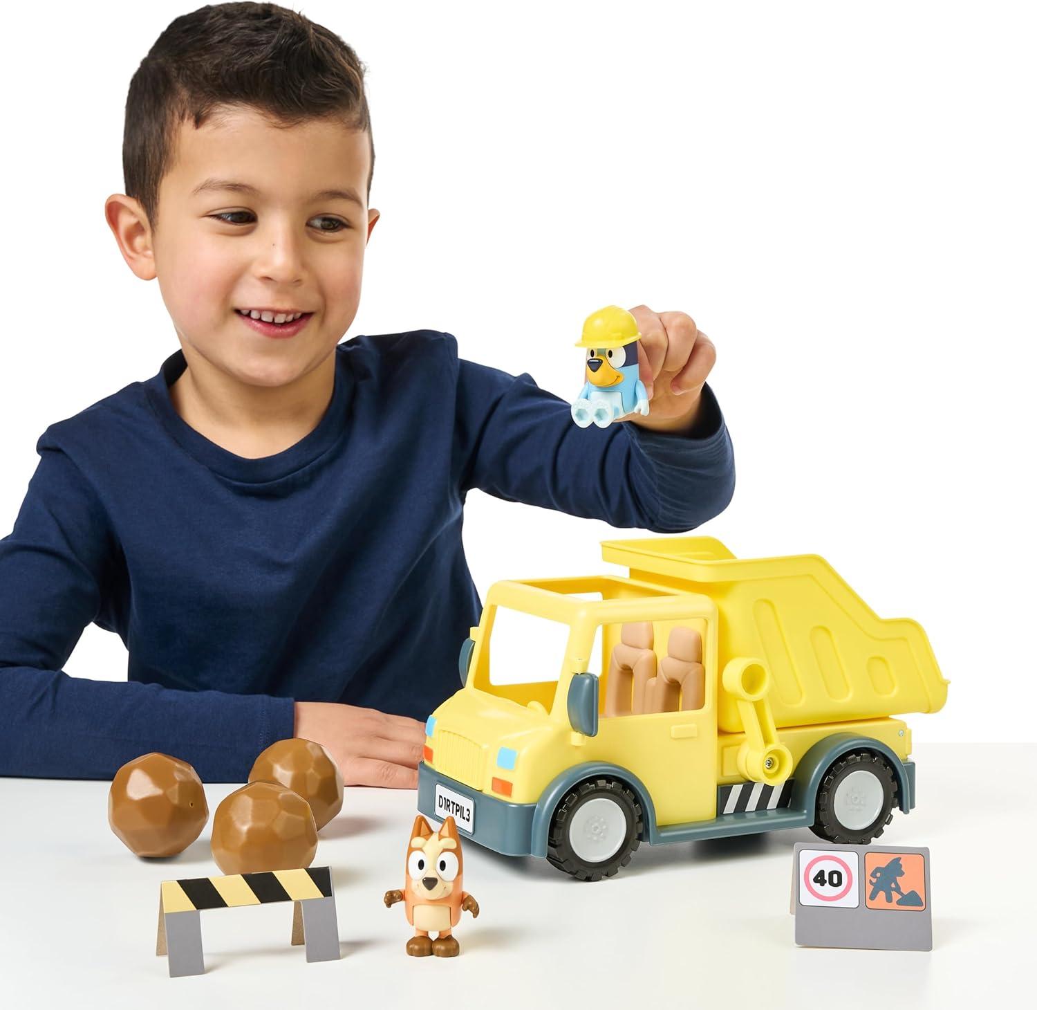 imageBluey Dump Truck Toy Playset Sturdy Working Toy Dump Truck with 2 Articulated Figures and 3 Huge Boulders Construction Toys for Kids of Ages 3Dump Truck