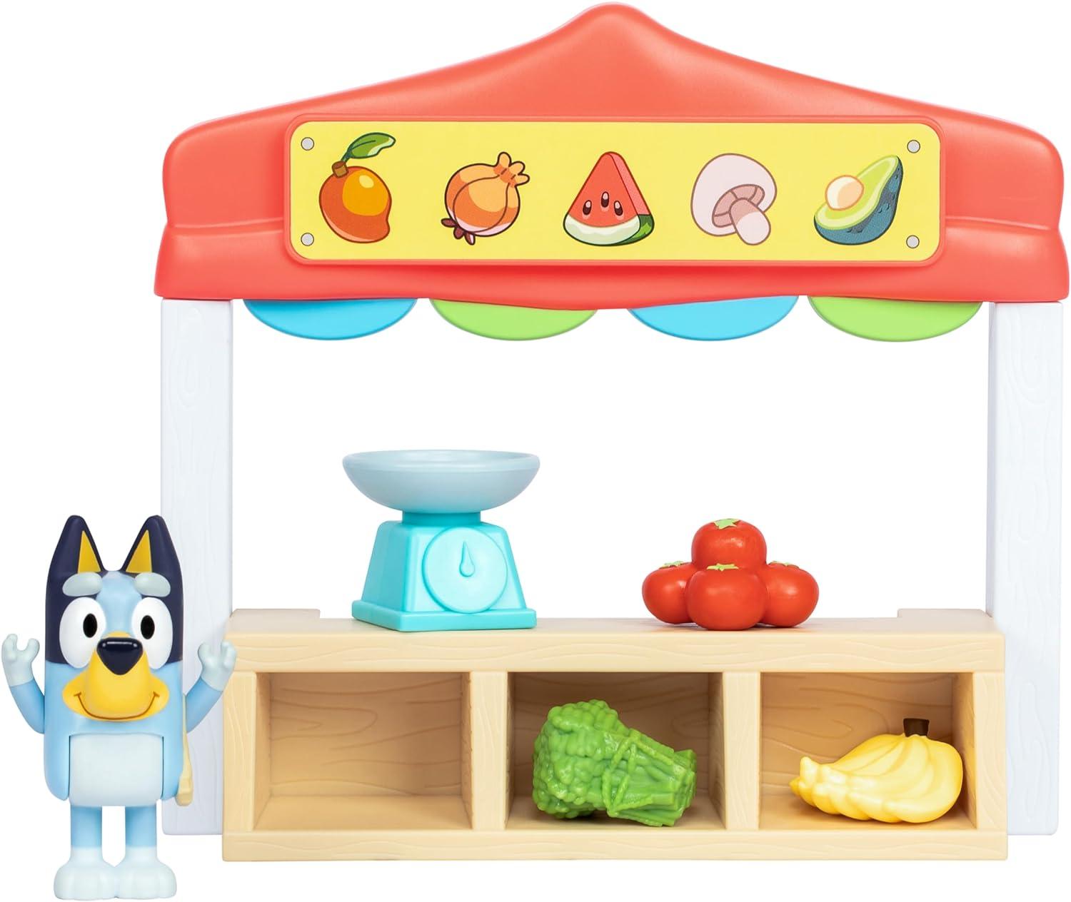 imageBluey Farmers Market Playset Toy Store Playset with Articulated Figurine Toy Scale Dollar Bucks and Food Items Shopping Toys for Kids Ages 3