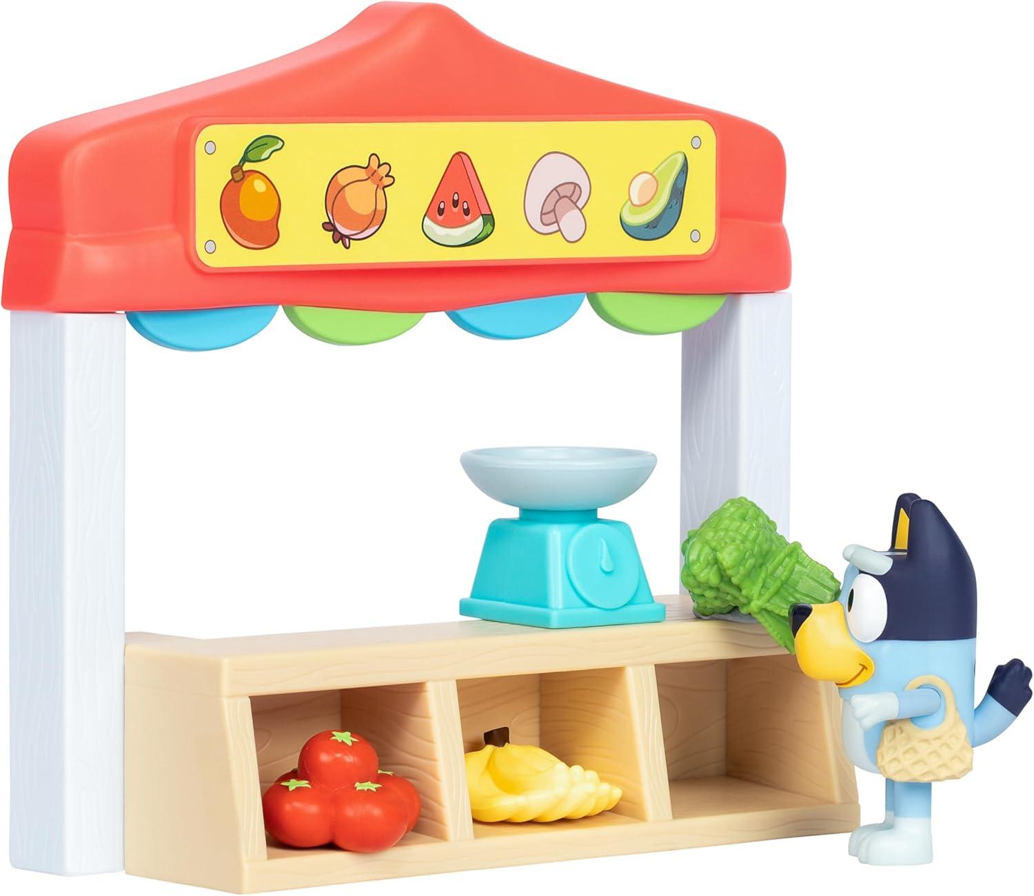 imageBluey Farmers Market Playset Toy Store Playset with Articulated Figurine Toy Scale Dollar Bucks and Food Items Shopping Toys for Kids Ages 3