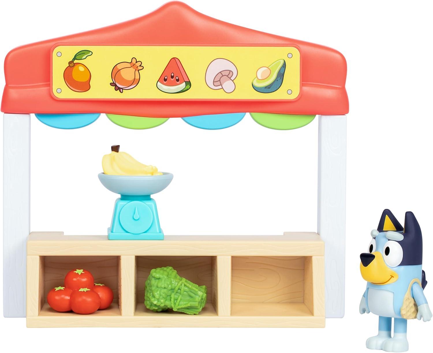 imageBluey Farmers Market Playset Toy Store Playset with Articulated Figurine Toy Scale Dollar Bucks and Food Items Shopping Toys for Kids Ages 3
