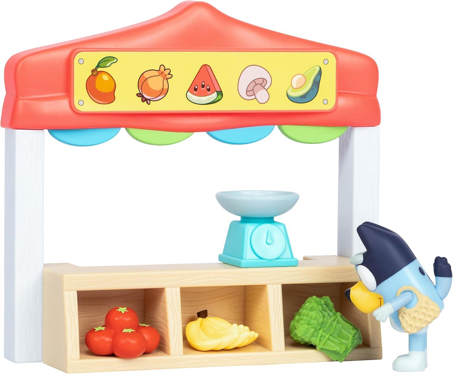 imageBluey Farmers Market Playset Toy Store Playset with Articulated Figurine Toy Scale Dollar Bucks and Food Items Shopping Toys for Kids Ages 3