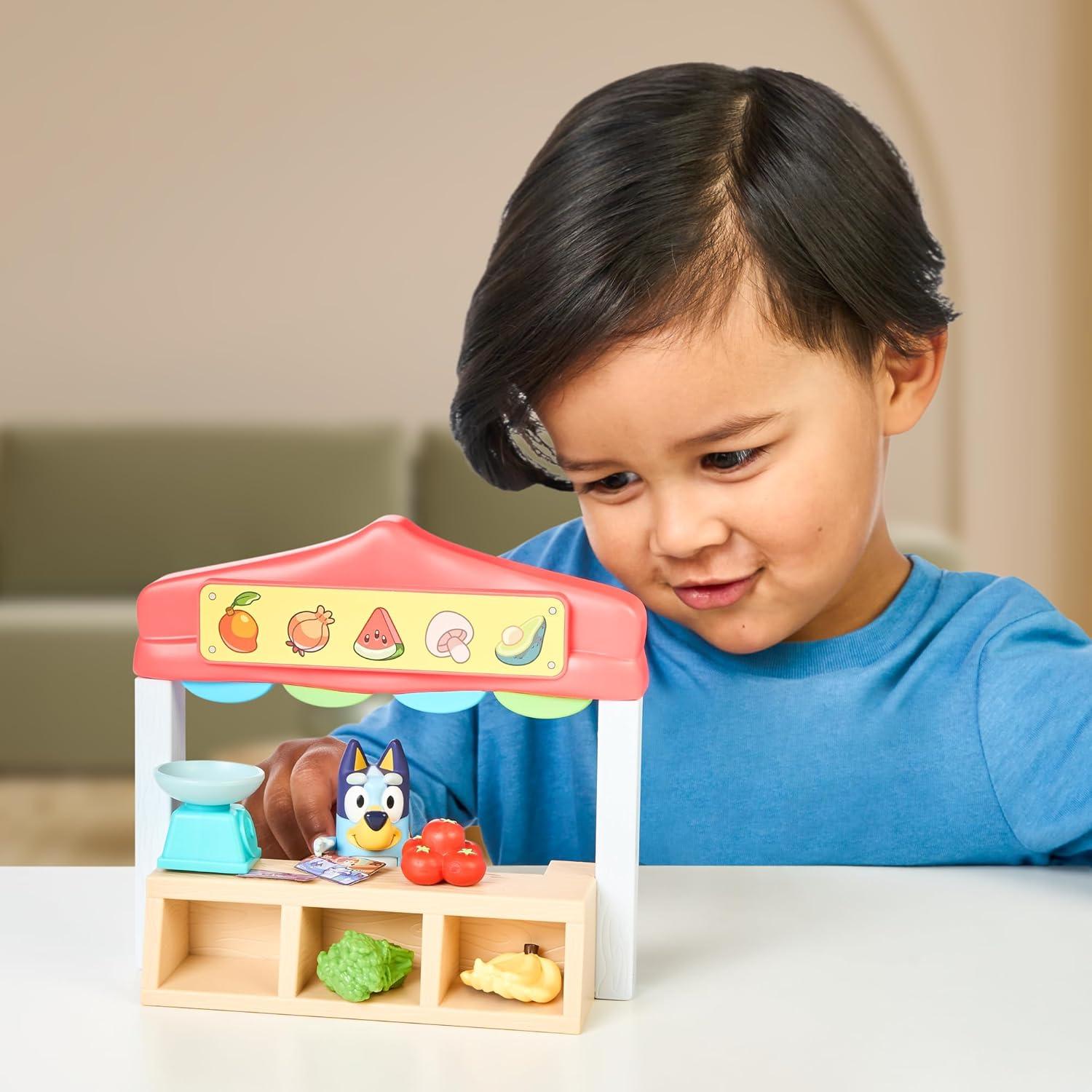 imageBluey Farmers Market Playset Toy Store Playset with Articulated Figurine Toy Scale Dollar Bucks and Food Items Shopping Toys for Kids Ages 3