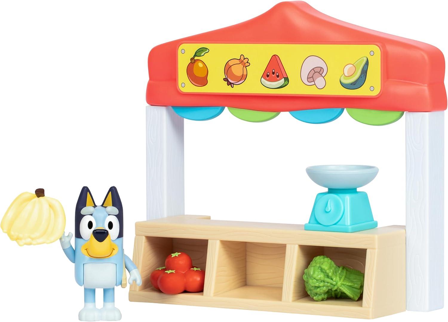 imageBluey Farmers Market Playset Toy Store Playset with Articulated Figurine Toy Scale Dollar Bucks and Food Items Shopping Toys for Kids Ages 3
