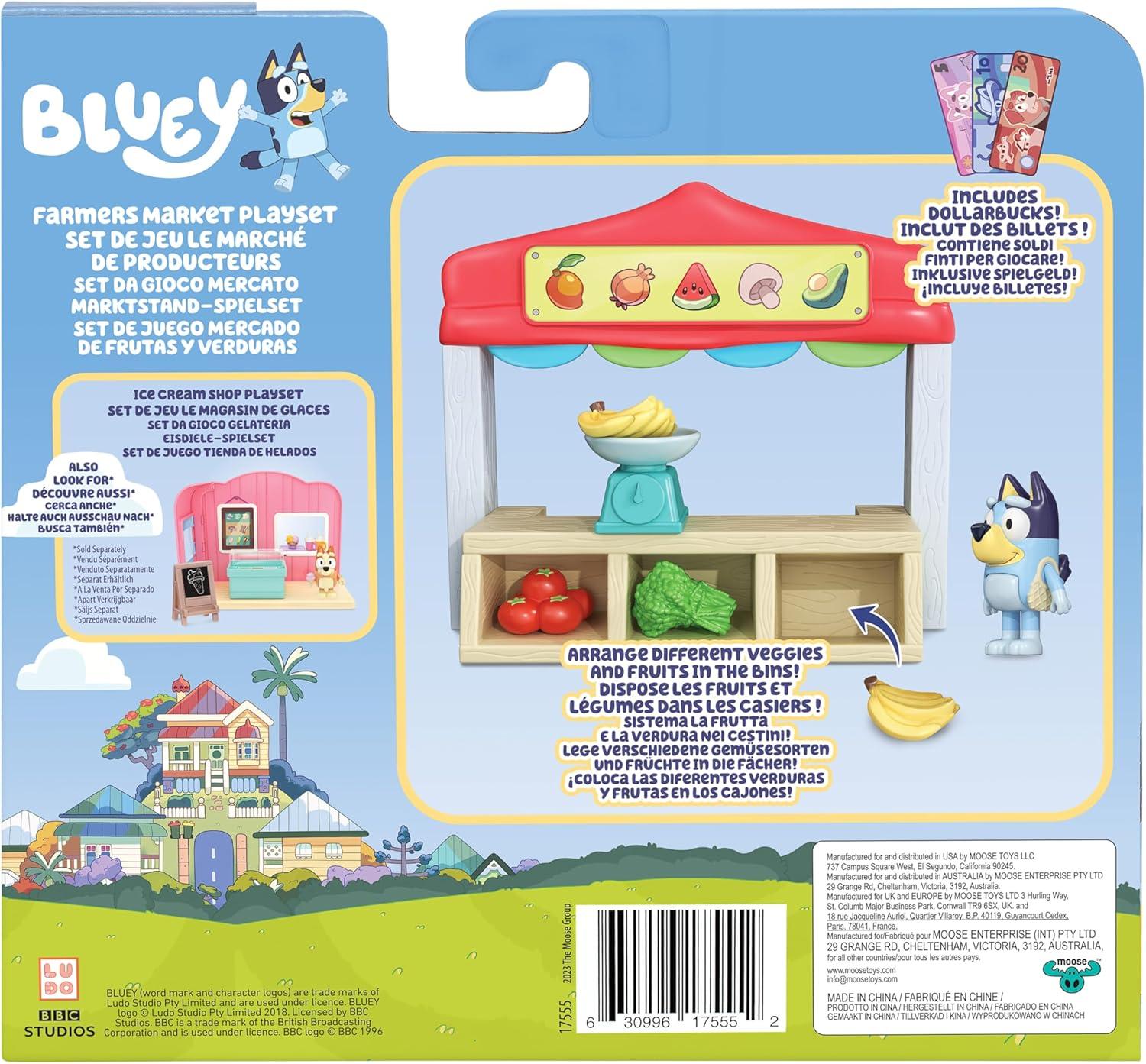 imageBluey Farmers Market Playset Toy Store Playset with Articulated Figurine Toy Scale Dollar Bucks and Food Items Shopping Toys for Kids Ages 3