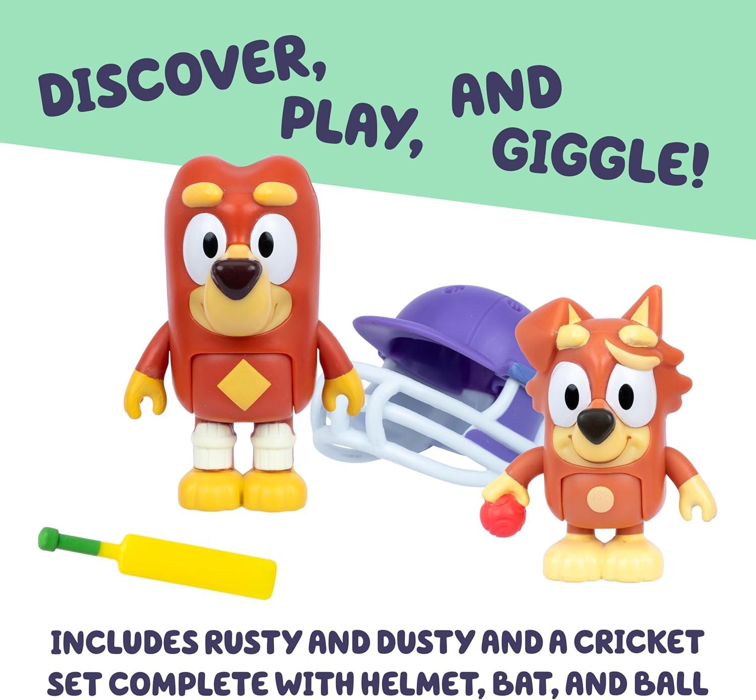 imageBluey Figure 2Pack Cricket 2 EpisodeThemed Figures with Moving Arms amp Helmet and Bat Accessories 253 676 cm Poseable Toys for Kids Recreate Moments from The Episode CricketCricket