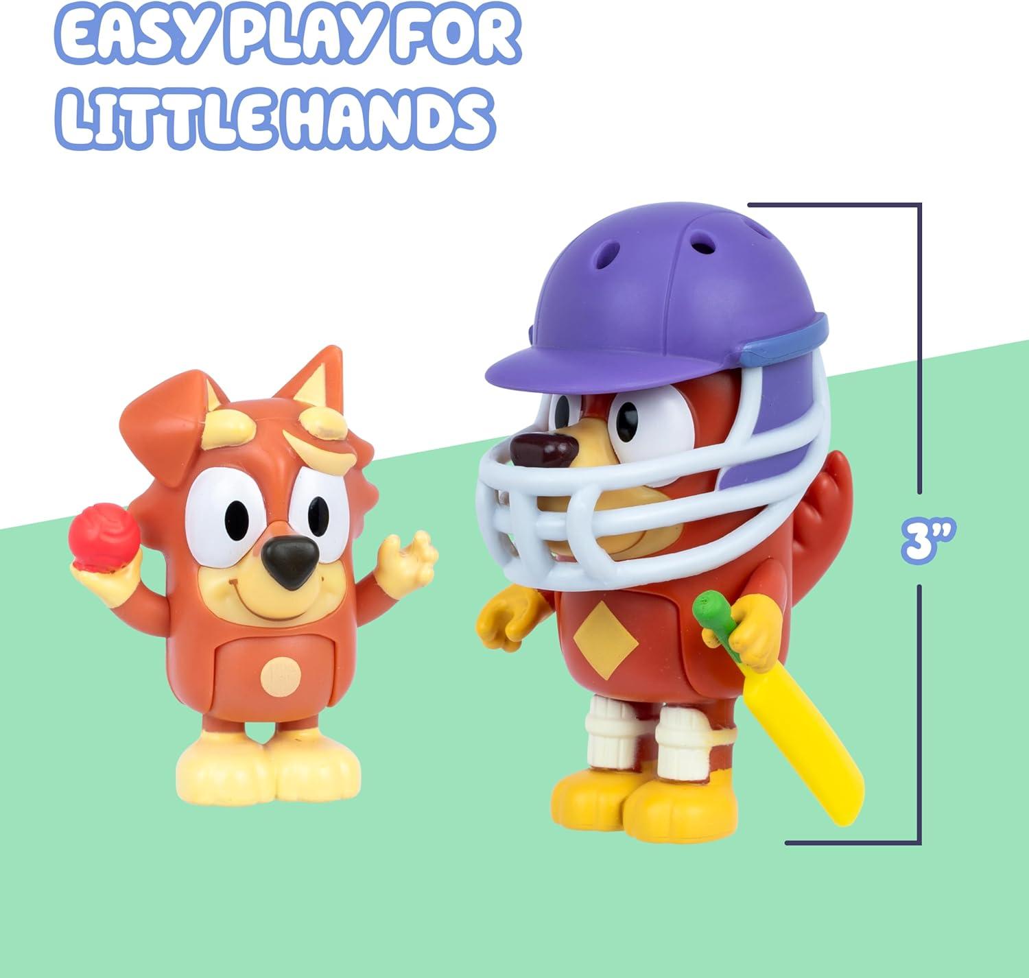 imageBluey Figure 2Pack Cricket 2 EpisodeThemed Figures with Moving Arms amp Helmet and Bat Accessories 253 676 cm Poseable Toys for Kids Recreate Moments from The Episode CricketCricket