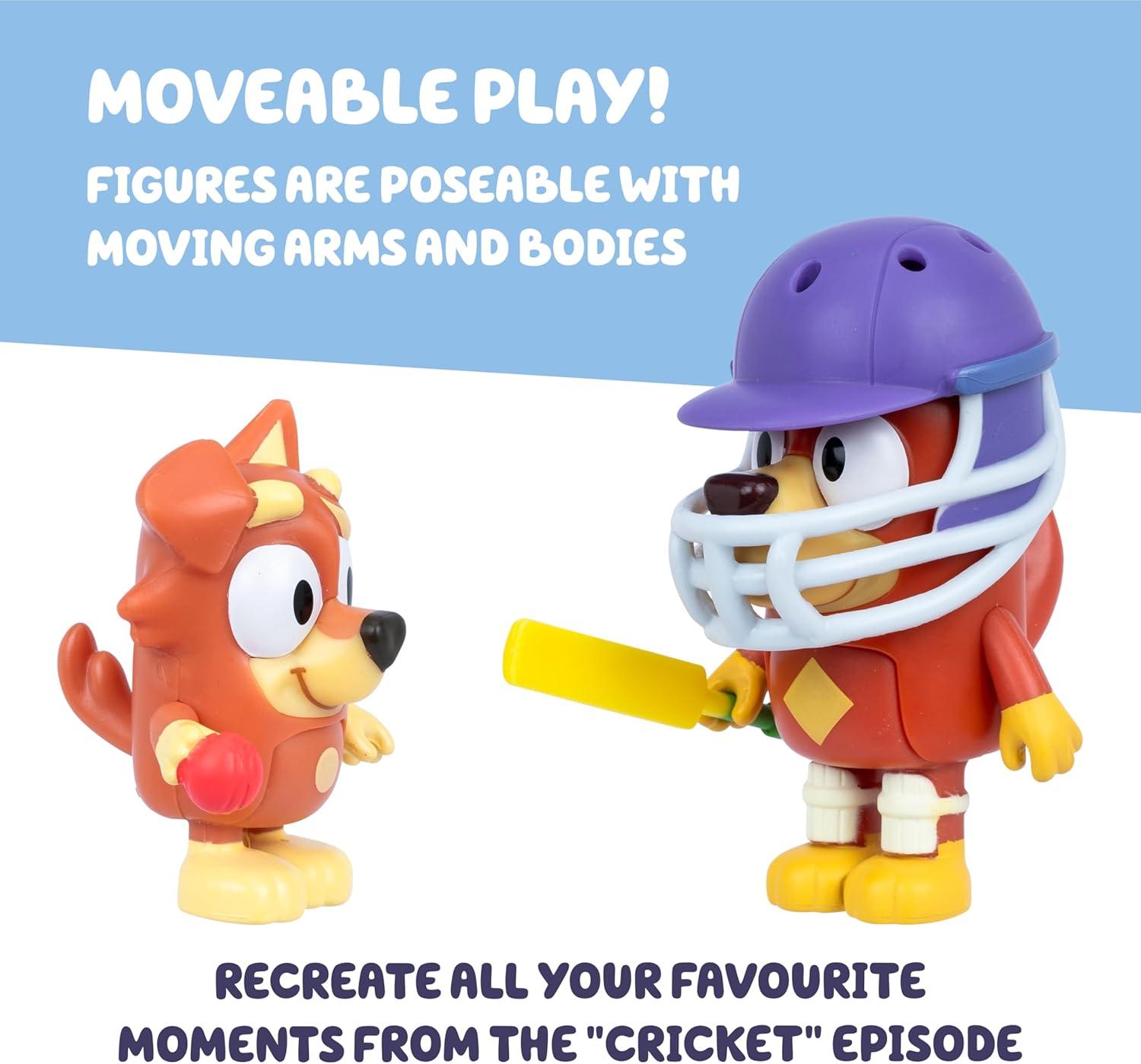 imageBluey Figure 2Pack Cricket 2 EpisodeThemed Figures with Moving Arms amp Helmet and Bat Accessories 253 676 cm Poseable Toys for Kids Recreate Moments from The Episode CricketCricket