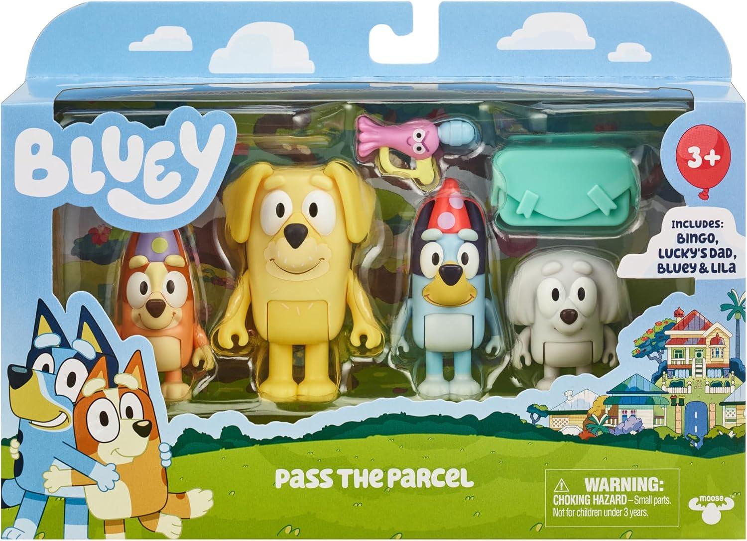 imageBluey Pass The Parcel Figurine Toys Pack of 4 Character Toys with Bingo Luckys Dad and Lila Figures Small Action Figures for Kids Ages 3Pass the Parcel