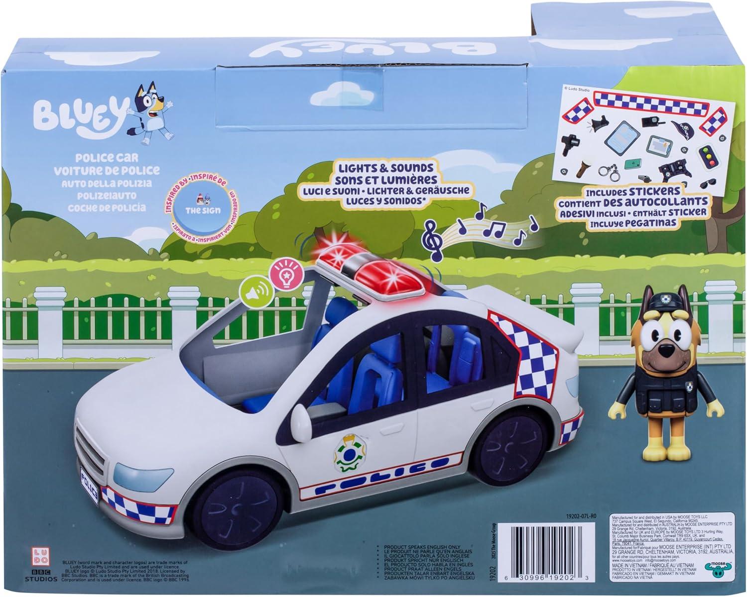 imageBluey Police Car Toy Vehicle from The Special Episode The Sign Includes Toy Police Car with Flashing Lights amp Sounds Policeman Figure and Themed Sticker Set Batteries Included