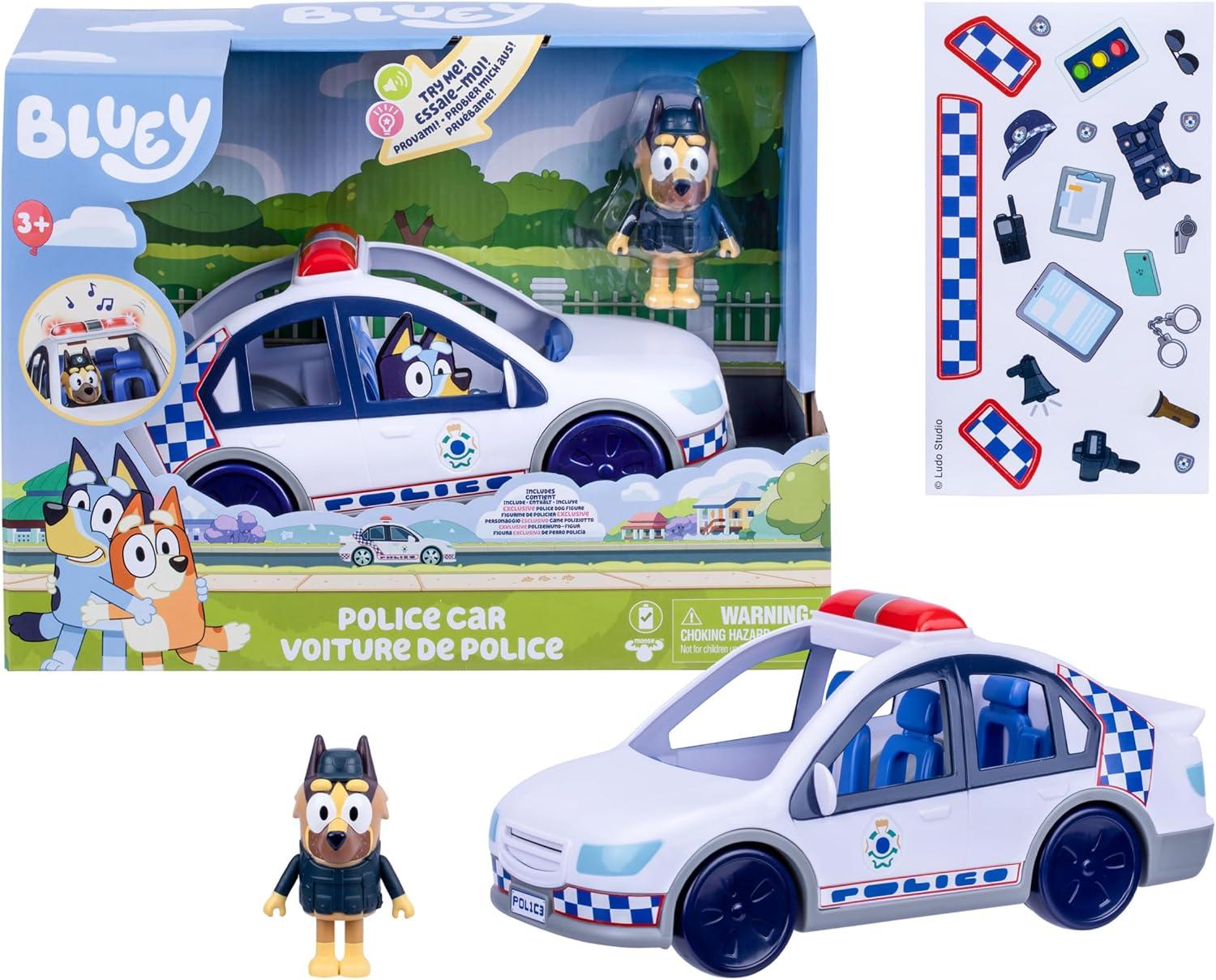 imageBluey Police Car Toy Vehicle from The Special Episode The Sign Includes Toy Police Car with Flashing Lights amp Sounds Policeman Figure and Themed Sticker Set Batteries Included