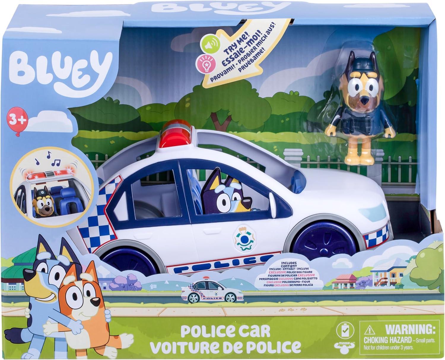 imageBluey Police Car Toy Vehicle from The Special Episode The Sign Includes Toy Police Car with Flashing Lights amp Sounds Policeman Figure and Themed Sticker Set Batteries Included