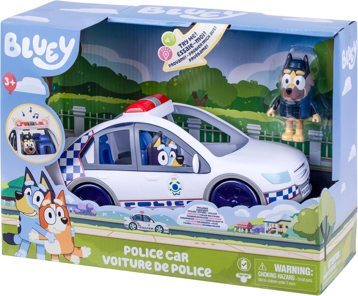 imageBluey Police Car Toy Vehicle from The Special Episode The Sign Includes Toy Police Car with Flashing Lights amp Sounds Policeman Figure and Themed Sticker Set Batteries Included