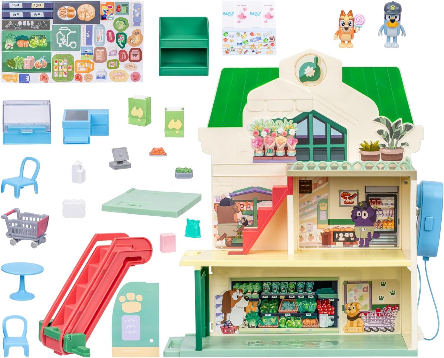 imageBluey and Bingo Supermarket Playset with Escalator Pretend Play Toys for Toddlers Sounds and 15 Pieces Bluey Grocery Store Playset1 Supermarket