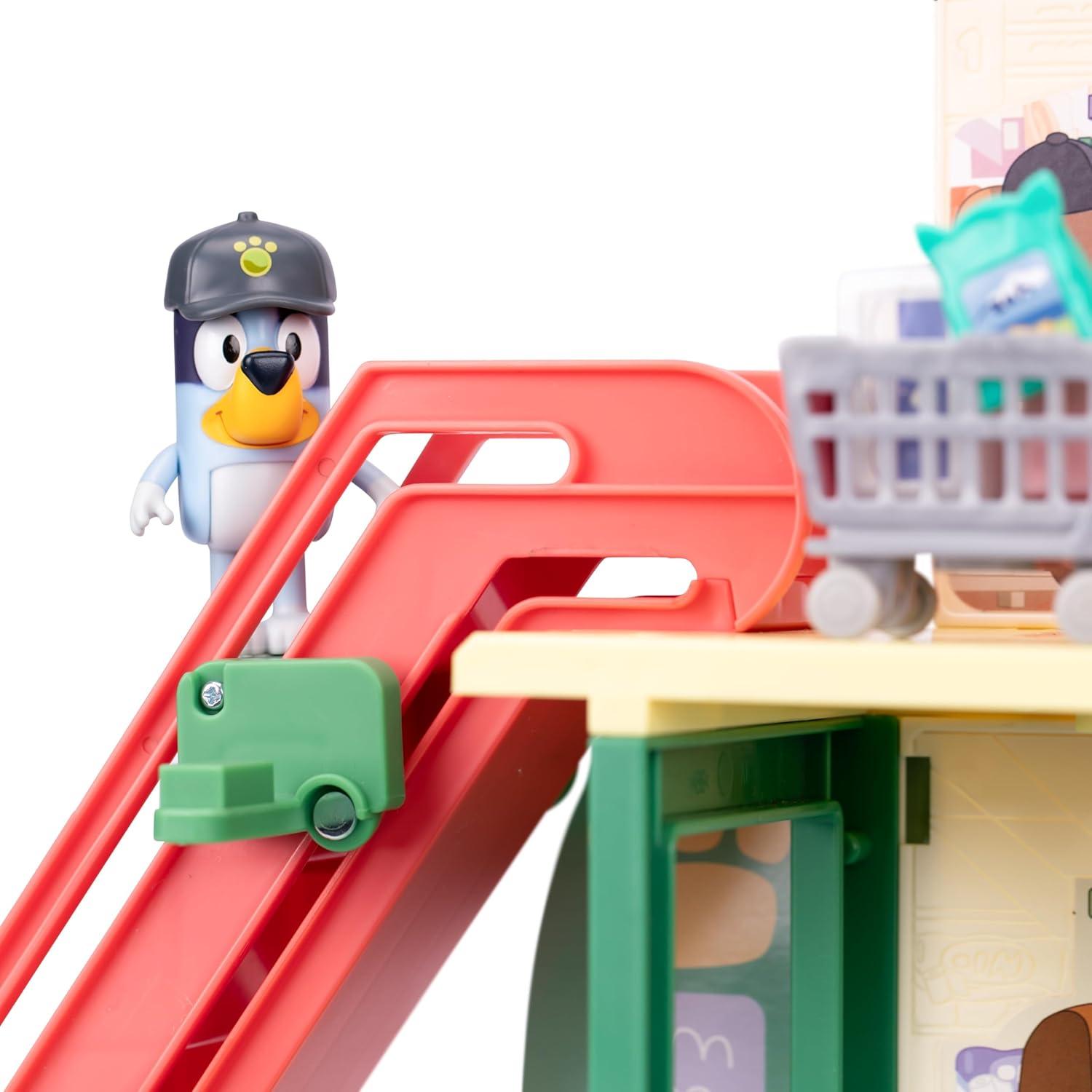 imageBluey and Bingo Supermarket Playset with Escalator Pretend Play Toys for Toddlers Sounds and 15 Pieces Bluey Grocery Store Playset1 Supermarket