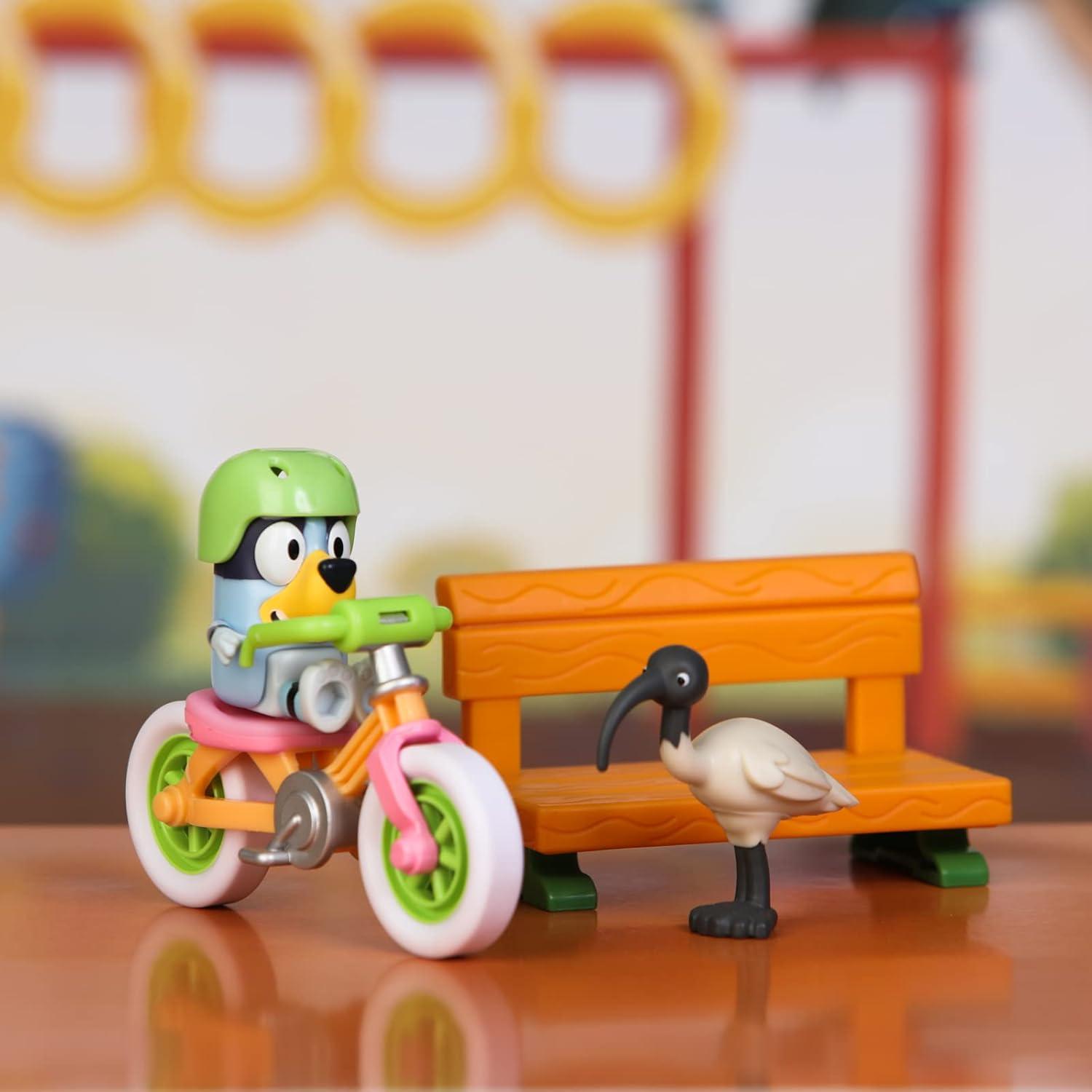 imageVehicle amp Figures Toy Bicycle Playset Articulated Bluey Figure with Park Bench Accessory and Bin Chicken Figurine Immersive Bike Toy for Kids Age 3