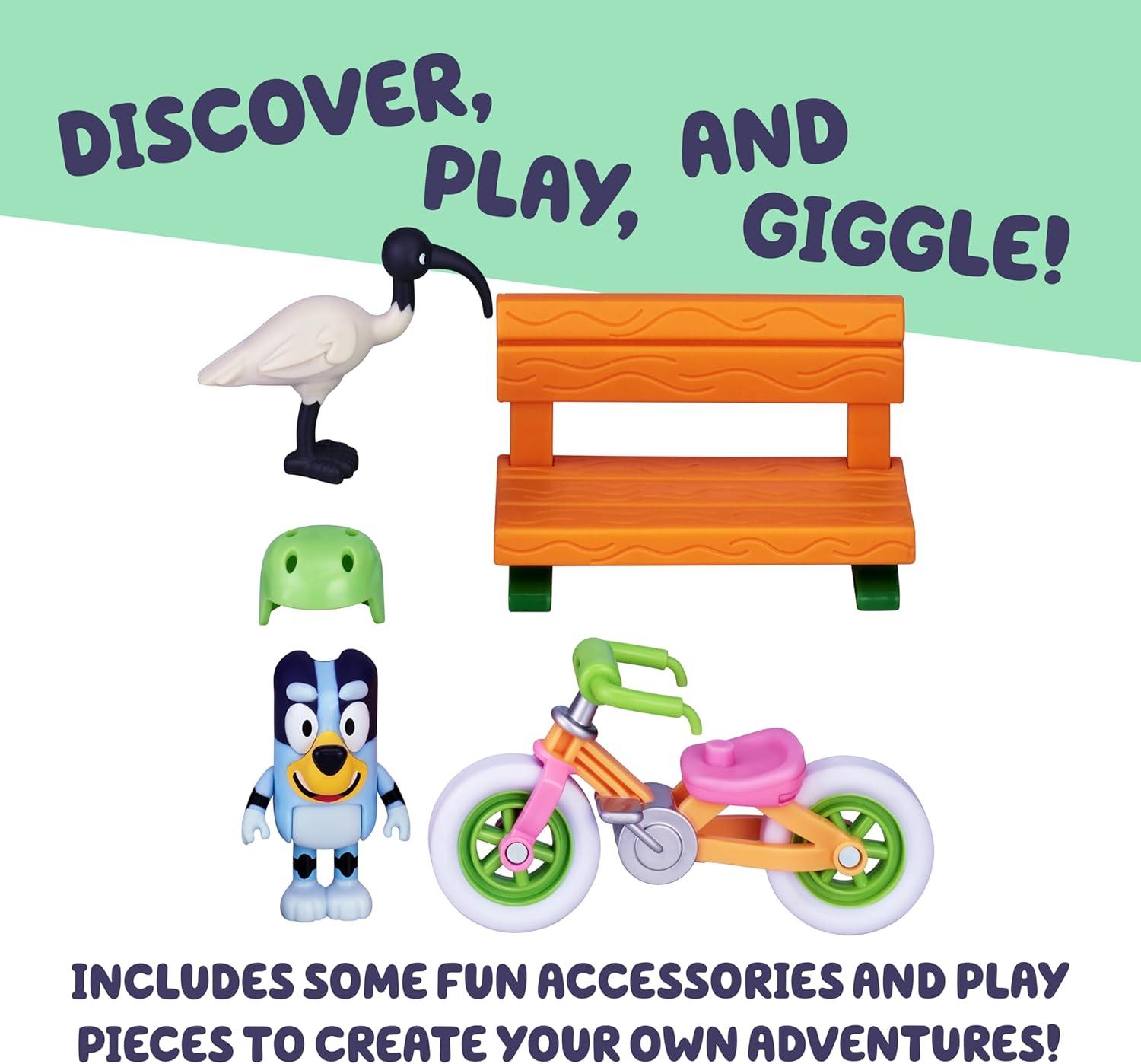imageVehicle amp Figures Toy Bicycle Playset Articulated Bluey Figure with Park Bench Accessory and Bin Chicken Figurine Immersive Bike Toy for Kids Age 3