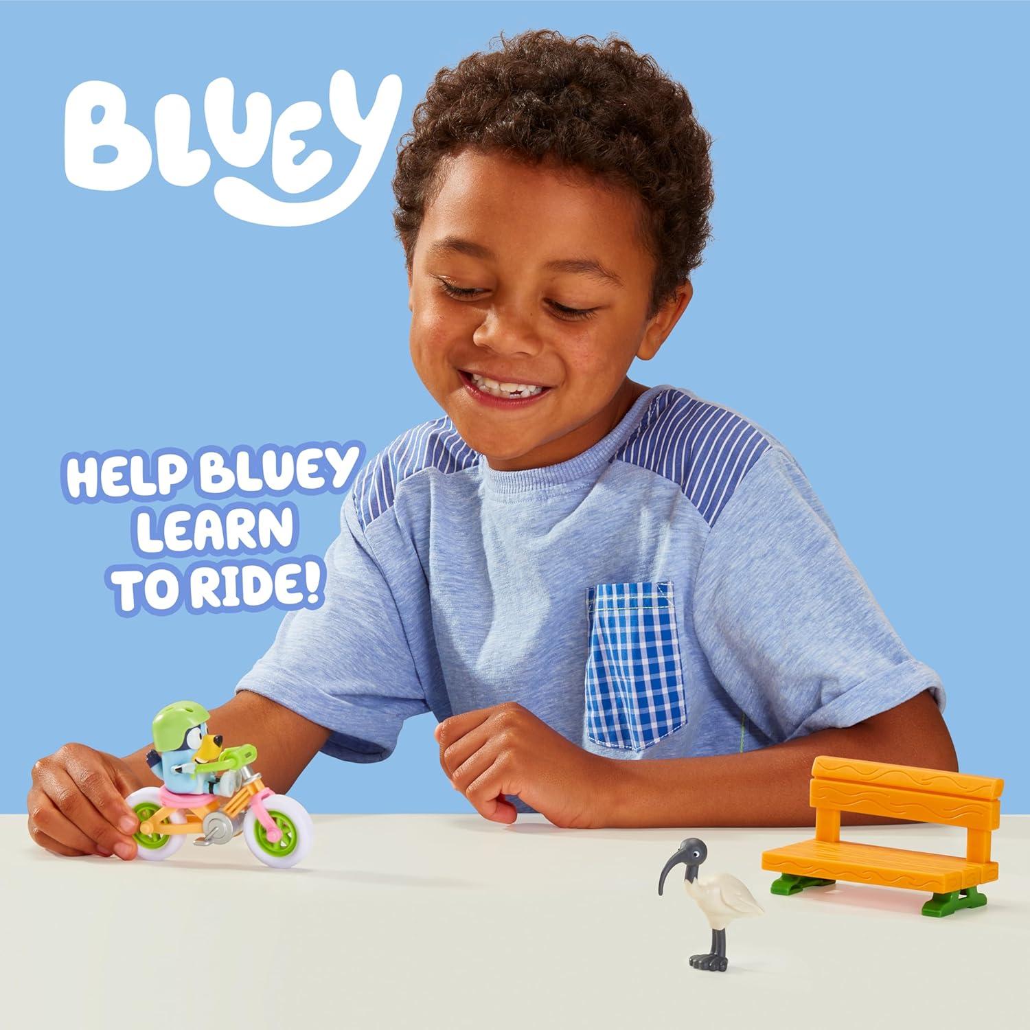 imageVehicle amp Figures Toy Bicycle Playset Articulated Bluey Figure with Park Bench Accessory and Bin Chicken Figurine Immersive Bike Toy for Kids Age 3