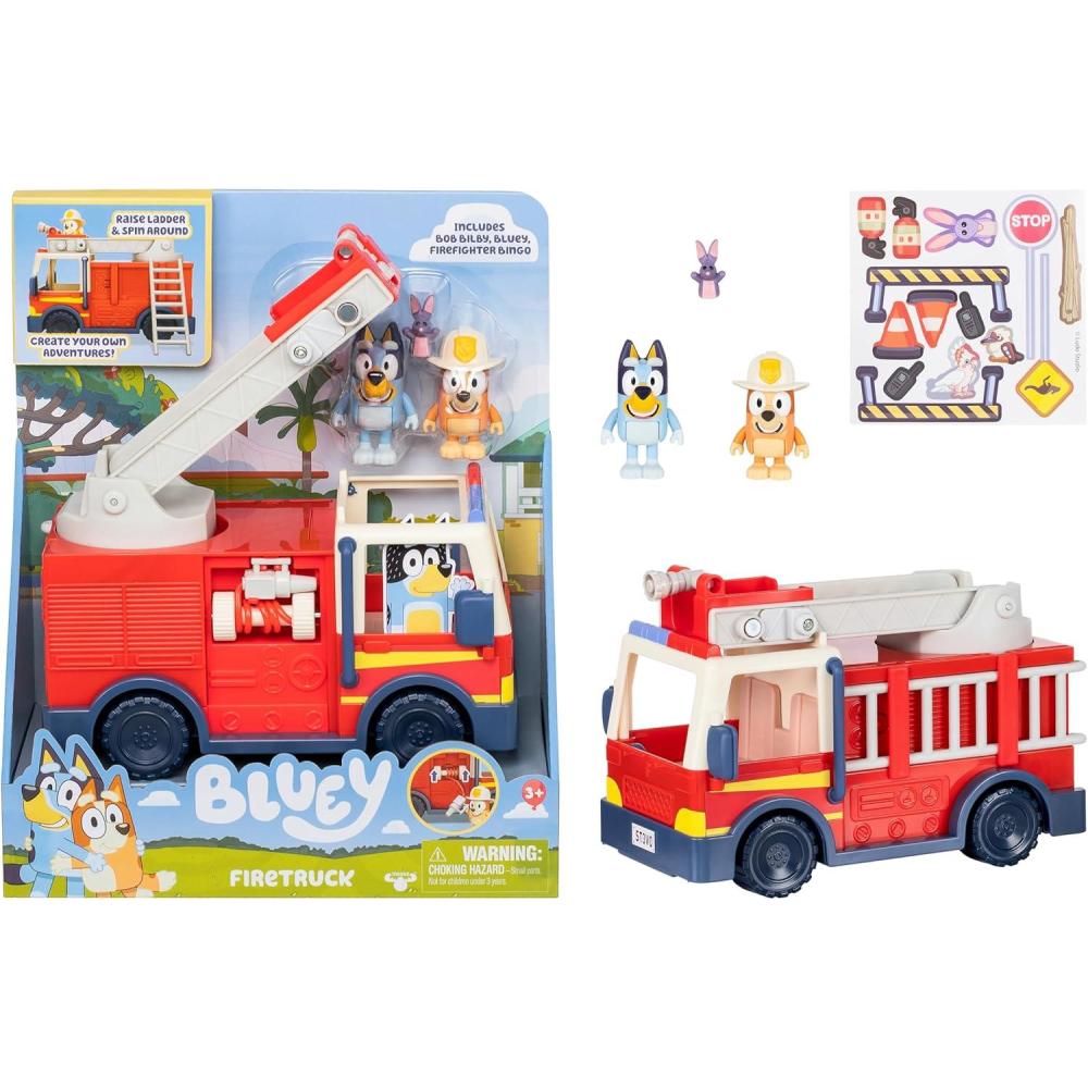 imageBluey Dump Truck Toy Playset Sturdy Working Toy Dump Truck with 2 Articulated Figures and 3 Huge Boulders Construction Toys for Kids of Ages 3Fire Truck