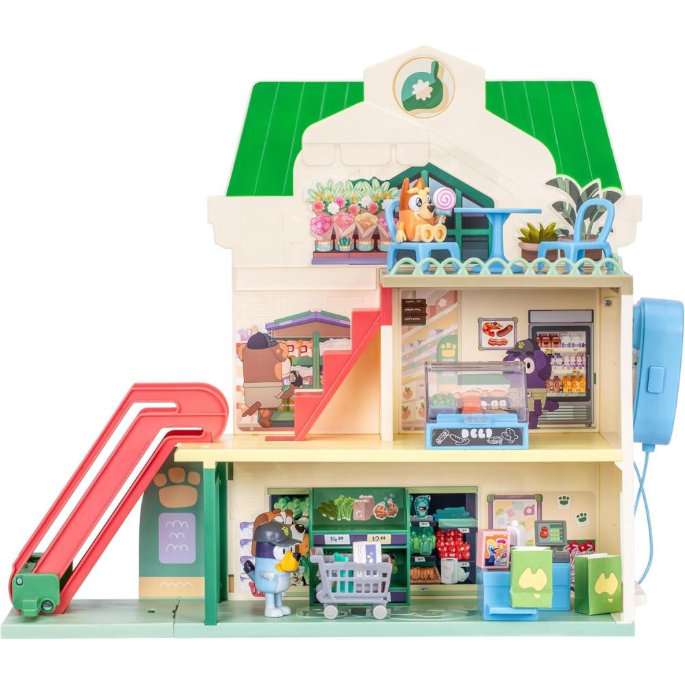imageBluey and Bingo Supermarket Playset with Escalator Pretend Play Toys for Toddlers Sounds and 15 Pieces Bluey Grocery Store Playset1 Supermarket