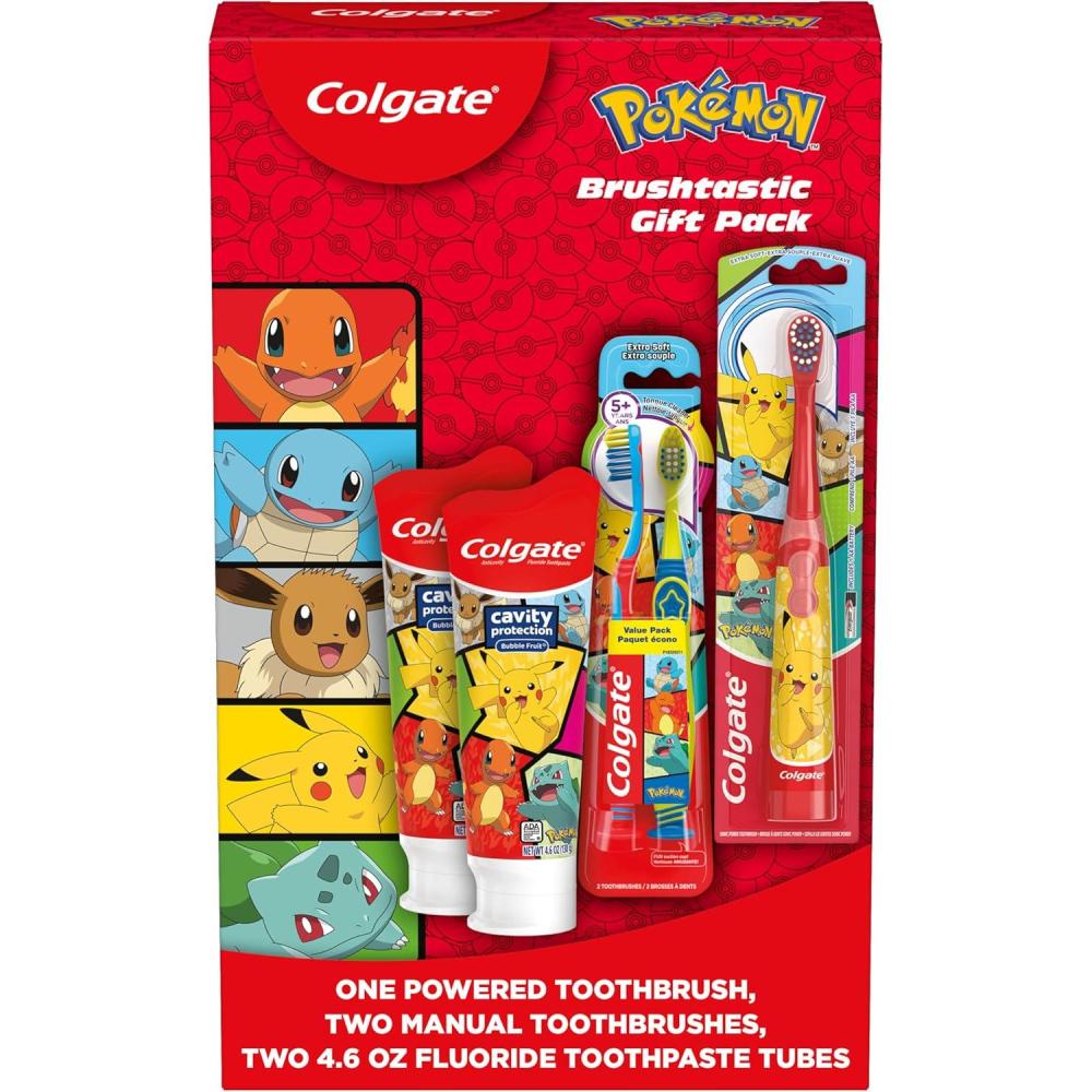 imageColgate Kids Bluey Toothbrush and Kids Toothpaste Gift Set Includes BlueyThemed Battery Toothbrush 2 Bubblegum Flavored Fluoride Toothpastes and 2 Manual ToothbrushesPokemon