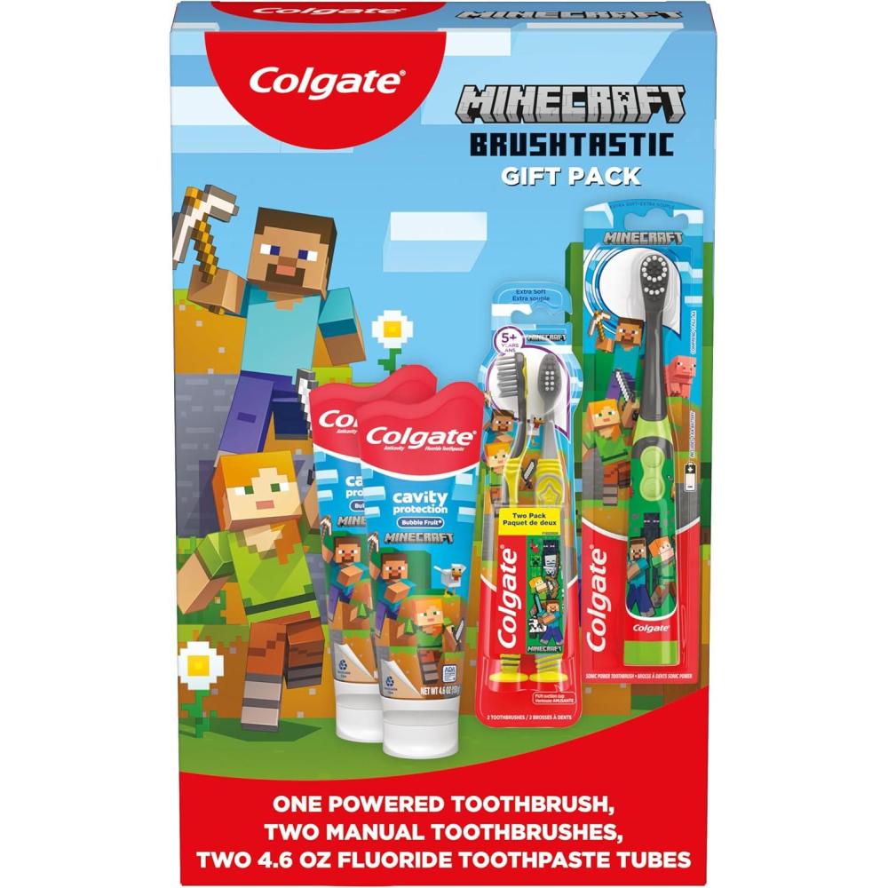 imageColgate Kids Bluey Toothbrush and Kids Toothpaste Gift Set Includes BlueyThemed Battery Toothbrush 2 Bubblegum Flavored Fluoride Toothpastes and 2 Manual ToothbrushesMinecraft