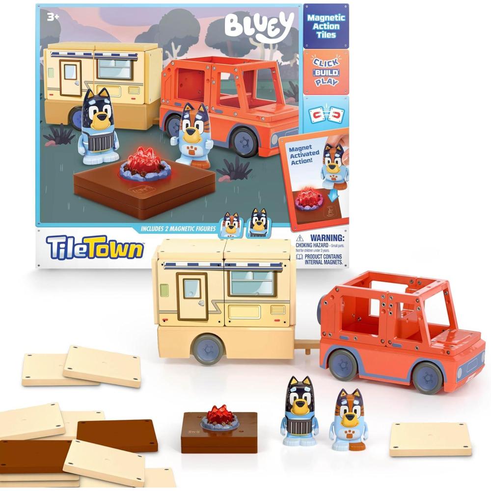 imageTile Town Bluey Heeler Family Home 52Piece Magnetic Tile Playset Interactive STEM Magnetic Tiles Toys Includes Bluey amp Bingo Figures Action TilesCamper Set